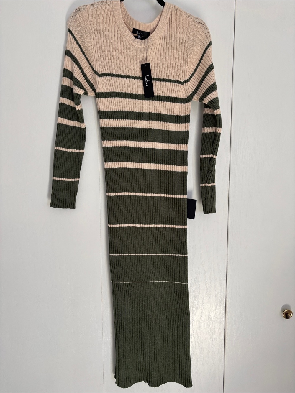 Lulu's Olive Green & Cream Striped Ribbed Sweater Midi Dress